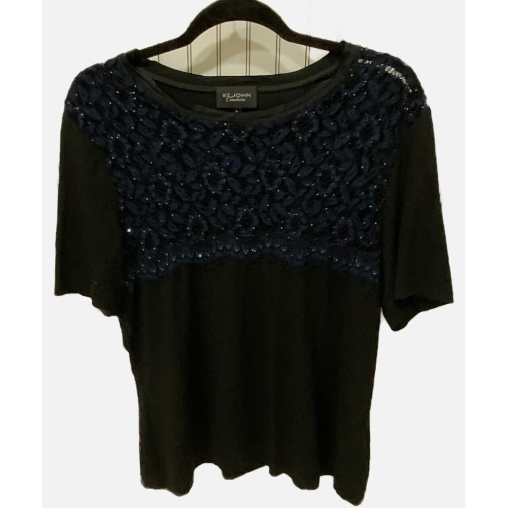 St. John Couture Crew Neck Top w Lace & Crystals Size XL Blue Black